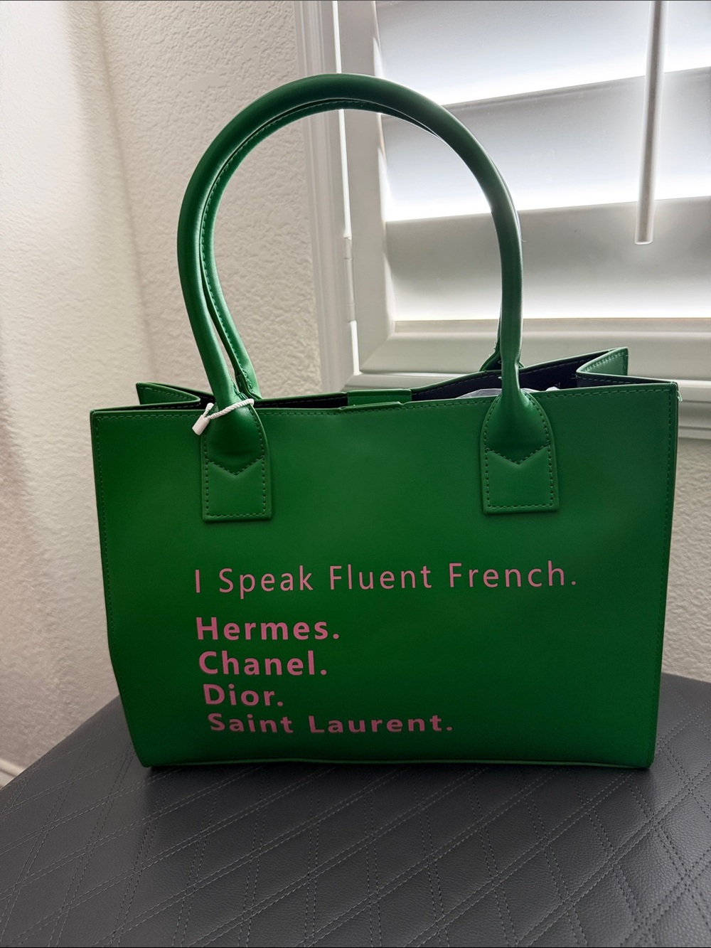 Unbranded Green Vegan Leather Statement Tote Bag with Pink Script